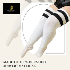 Plus Size Thigh High Socks for Thick Thighs women| For thighs 26-40",Long 35 inches| Classy white Black Strips + Thigh BELT