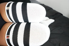 Plus Size Thigh High Socks for Thick Thighs women| For thighs 26-40",Long 35 inches| Classy white Black Strips + Thigh BELT